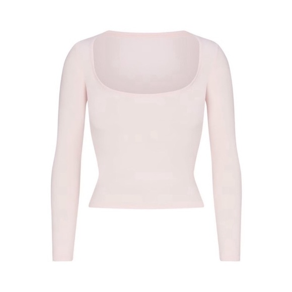 Skims Cotton Jersey Scoop Neck Long Sleeve Top NWT Barely Pink - Picture 2 of 11